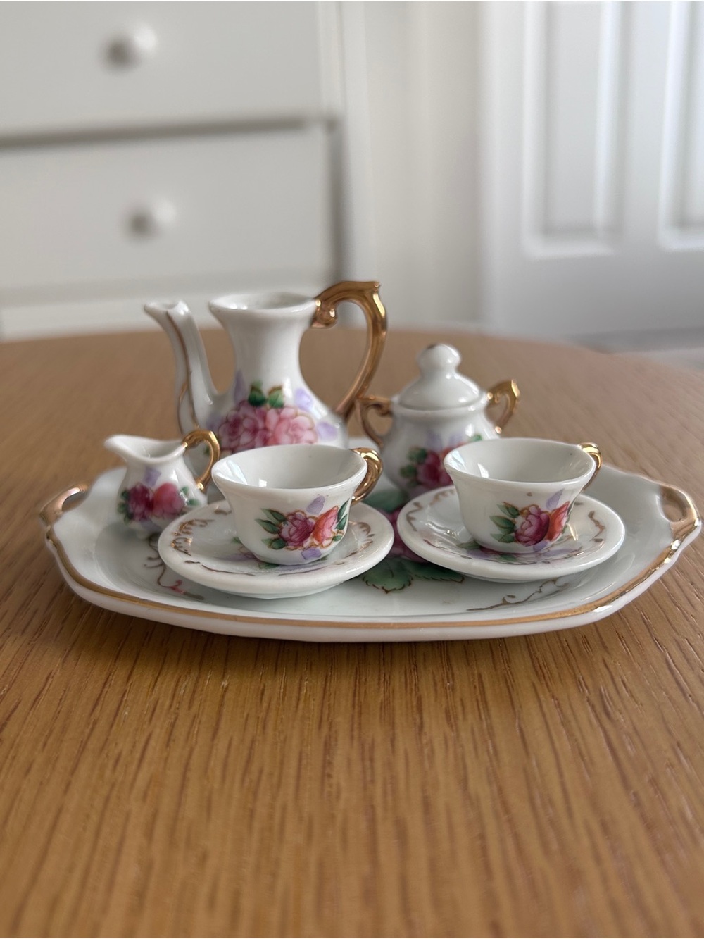 Mini Porcelain 9 pc Tea Set in White w/ Pink Floral and Gold Trim Doll Collector